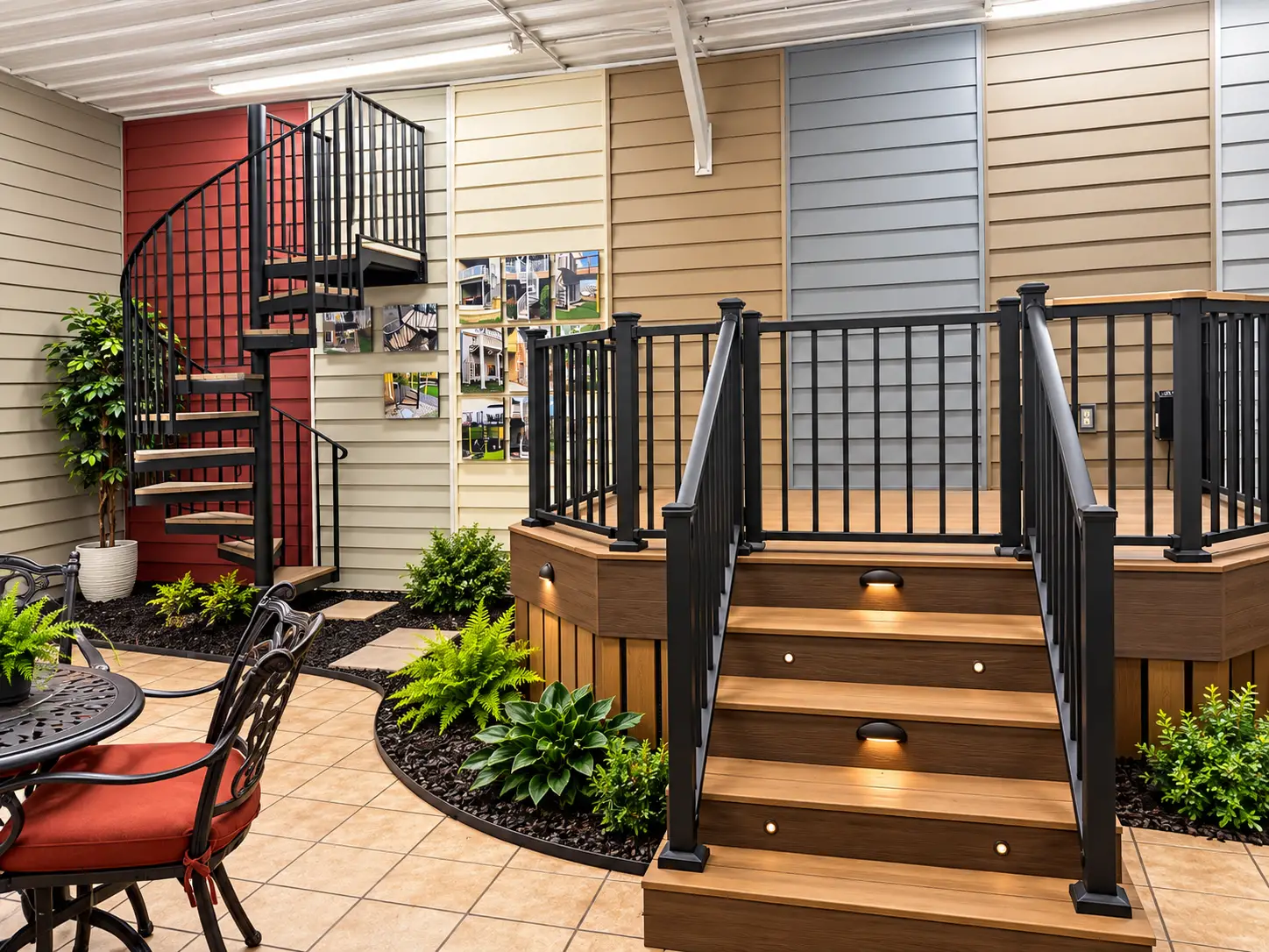 A deck display featuring a black metal spiral staircase, wooden stairs with integrated lighting, and sections of various colored exterior siding.