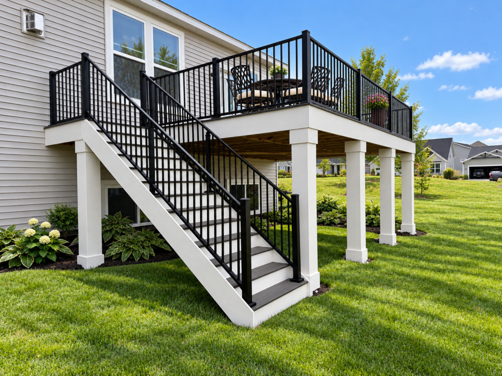 A raised wooden deck built by a Shakopee deck builder, featuring black railings and a staircase leading down to a green lawn.
