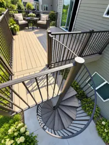 A deck with two patio chairs and a small table, connected to a ground-level patio by a dark metal spiral staircase built by a Shakopee deck builder.