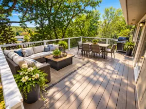 A spacious wooden deck featuring a sectional sofa with a coffee table and a dining table with chairs, surrounded by large planters and trees under a clear blue sky.