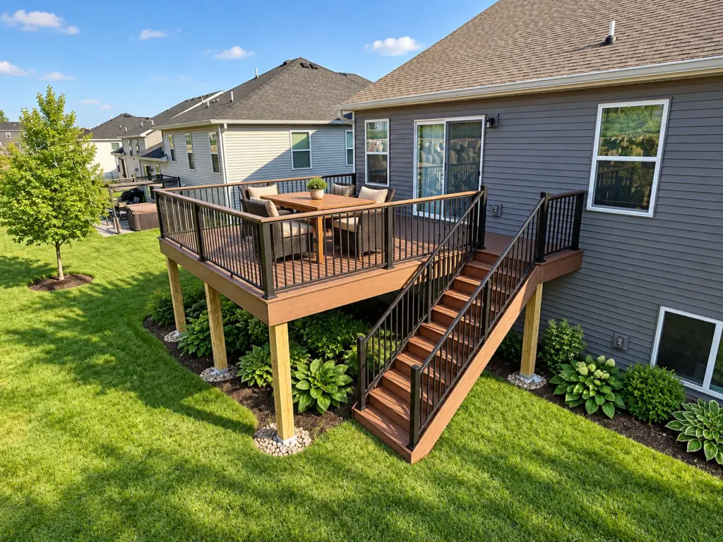 An elevated backyard deck built by a Shakopee deck builder, featuring a dining set and stairs leading down to a green lawn.