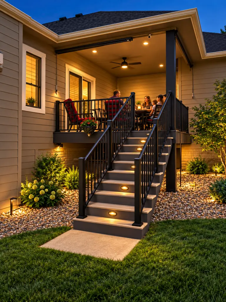 A family sits at a table on a lit backyard deck at dusk, accessed by a set of stairs with recessed lighting.